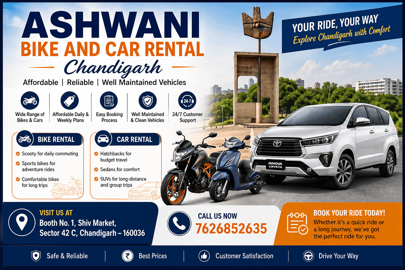 🚗 Ashwani Bike and Car Rental Chandigarh – Affordable & Reliable Self Drive Rentals