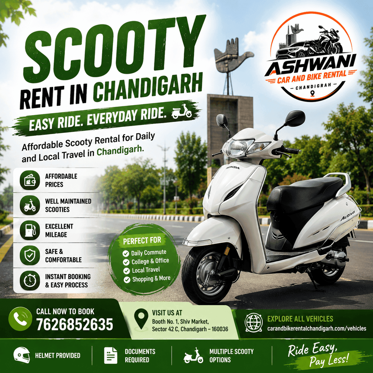 🛵 Scooty Rent in Chandigarh Today – Affordable & Easy Ride for Everyone