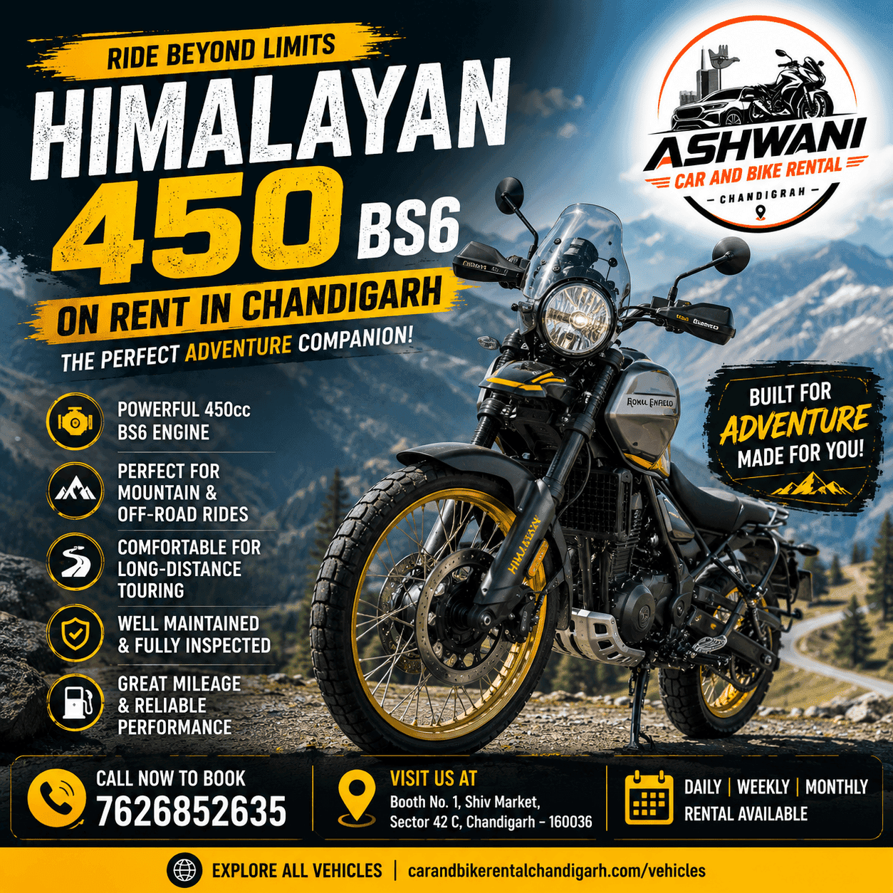 🏍️ Himalayan 450 BS6 on Rent in Chandigarh – Ride the Adventure Today