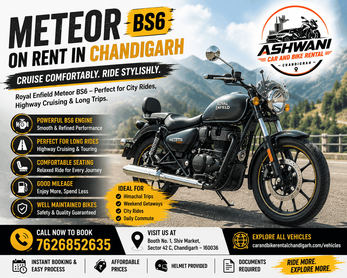 🏍️ Meteor BS6 on Rent in Chandigarh – Comfortable & Stylish Ride Today