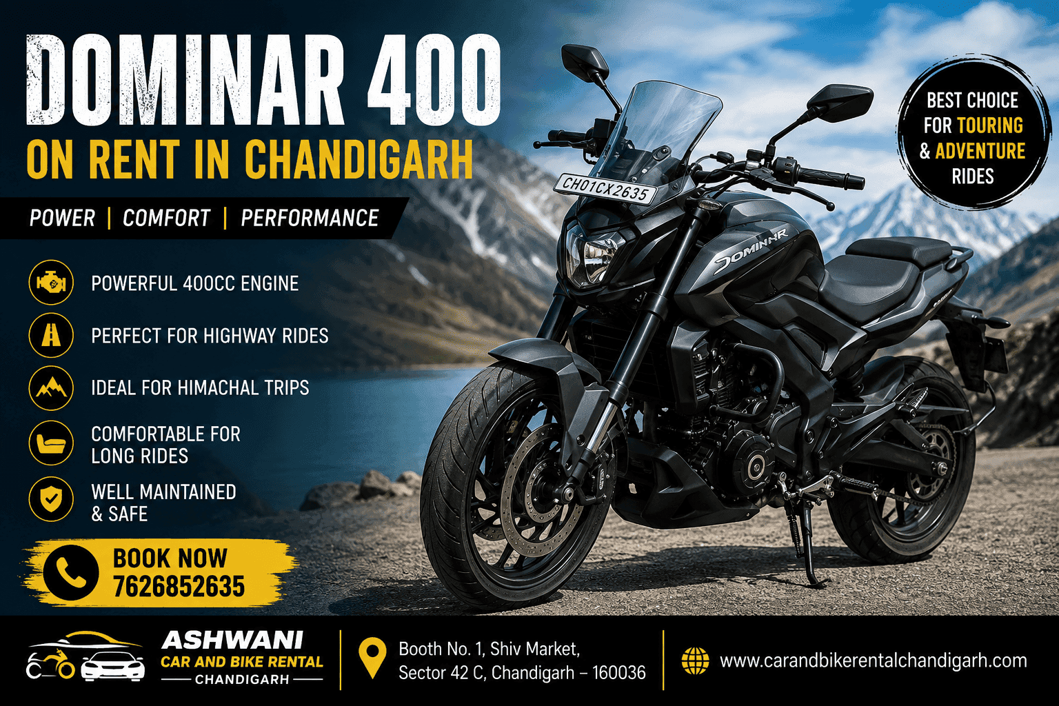 🏍️ Dominar 400 on Rent in Chandigarh – Powerful Touring Bike for Every Ride