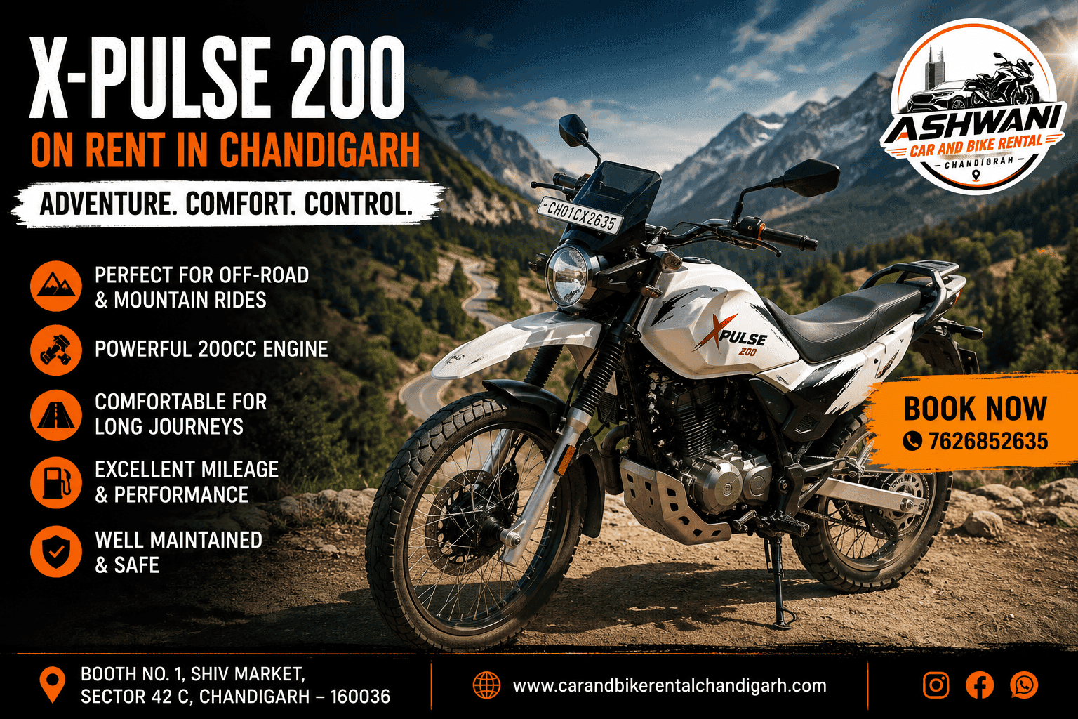 🏍️ X-Pulse 200 on Rent in Chandigarh – Perfect Adventure Bike for Every Ride