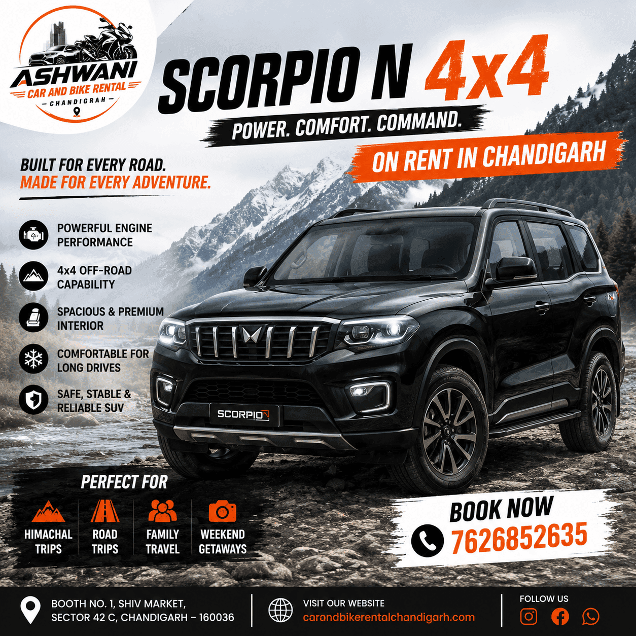 🚙 Scorpio N 4x4 on Rent in Chandigarh – Powerful SUV for Adventure Trips