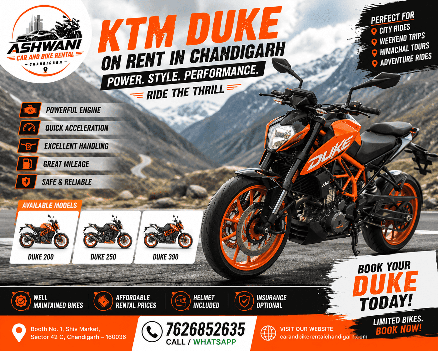 🏍️ KTM Duke on Rent in Chandigarh – Experience Power, Style & Performance