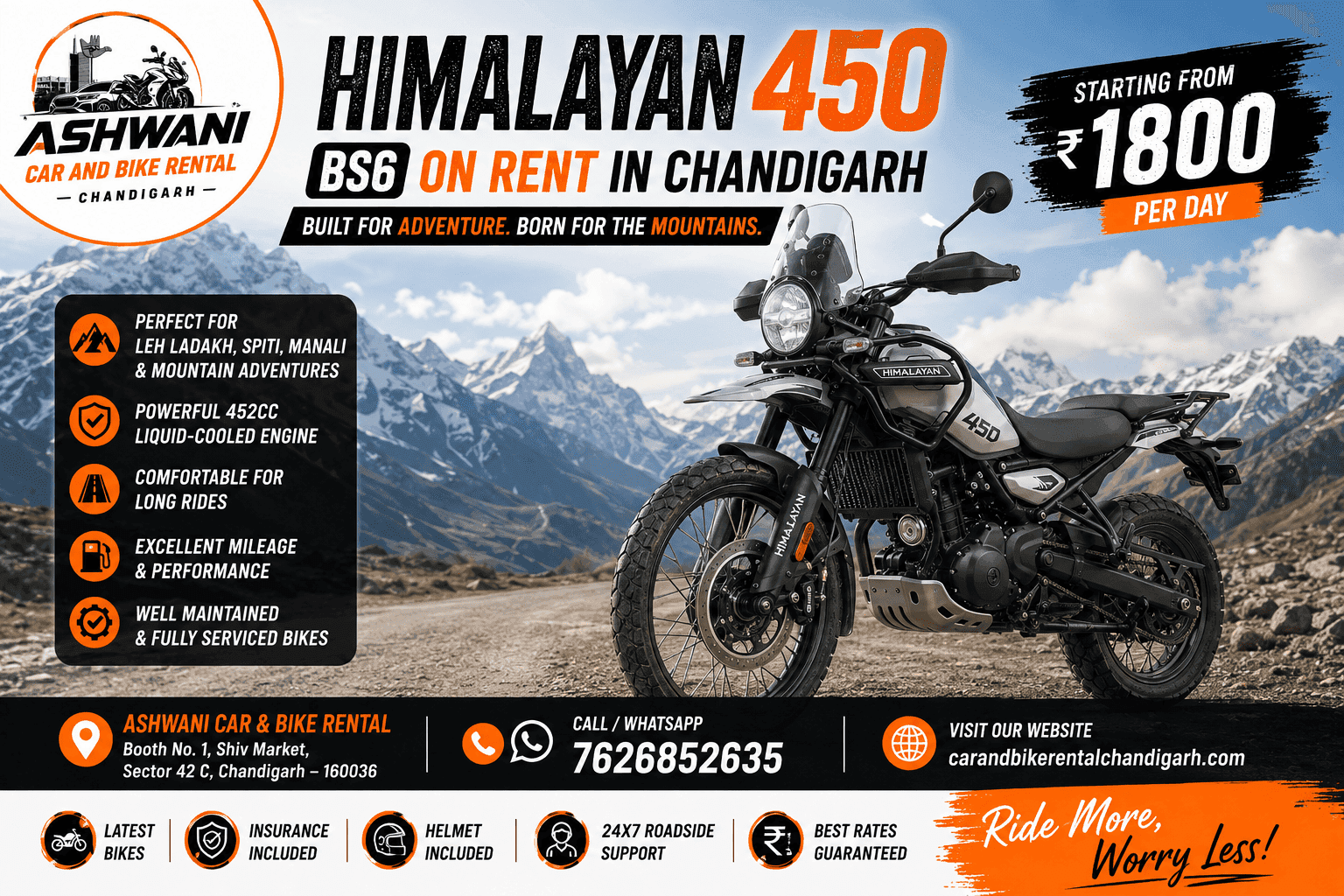 🏍️ Himalayan 450 BS6 on Rent in Chandigarh – Starting at ₹1800/Day