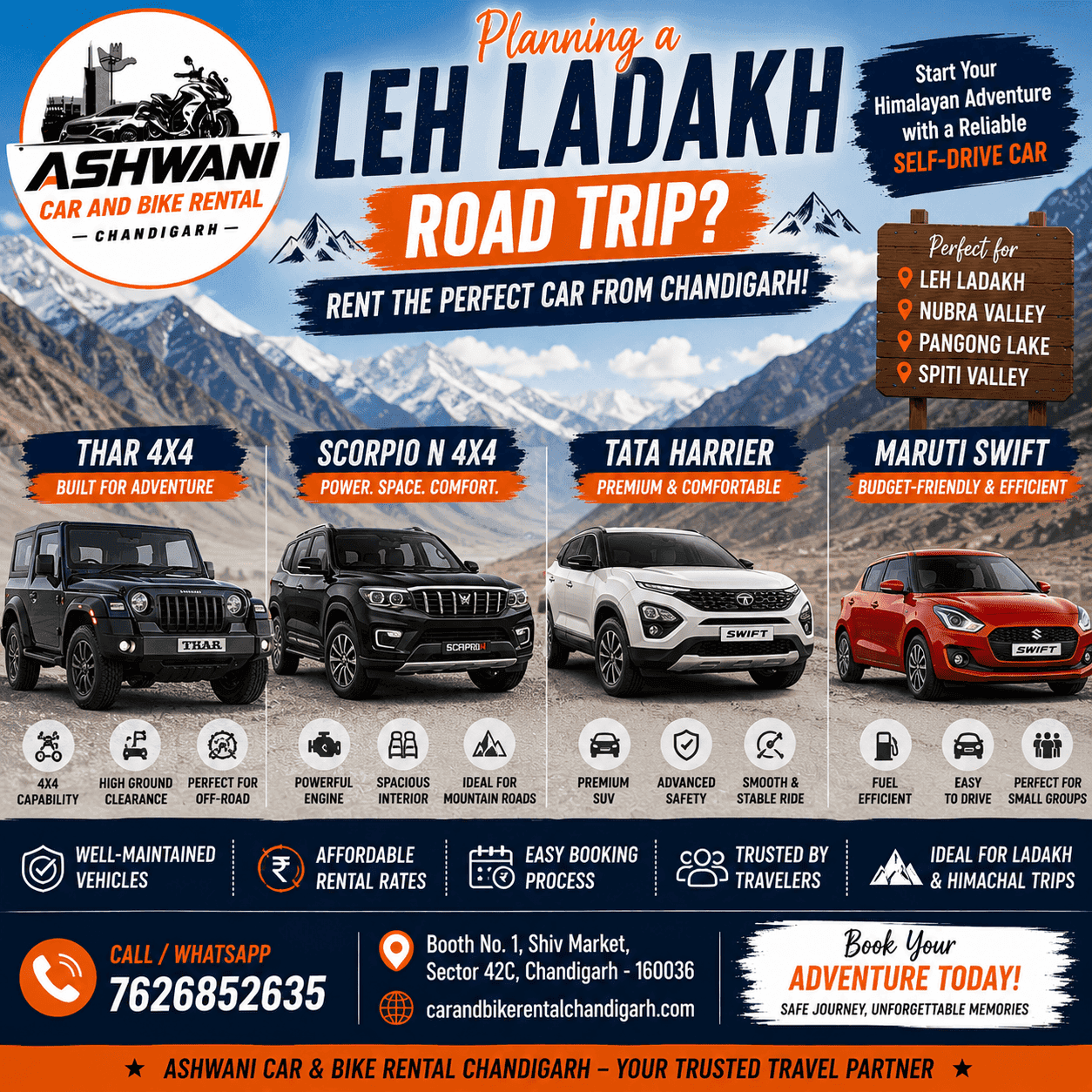 🚙 Car Rental in Chandigarh for Leh Ladakh Trip – Thar 4x4, Scorpio N 4x4, Tata Harrier & Swift
