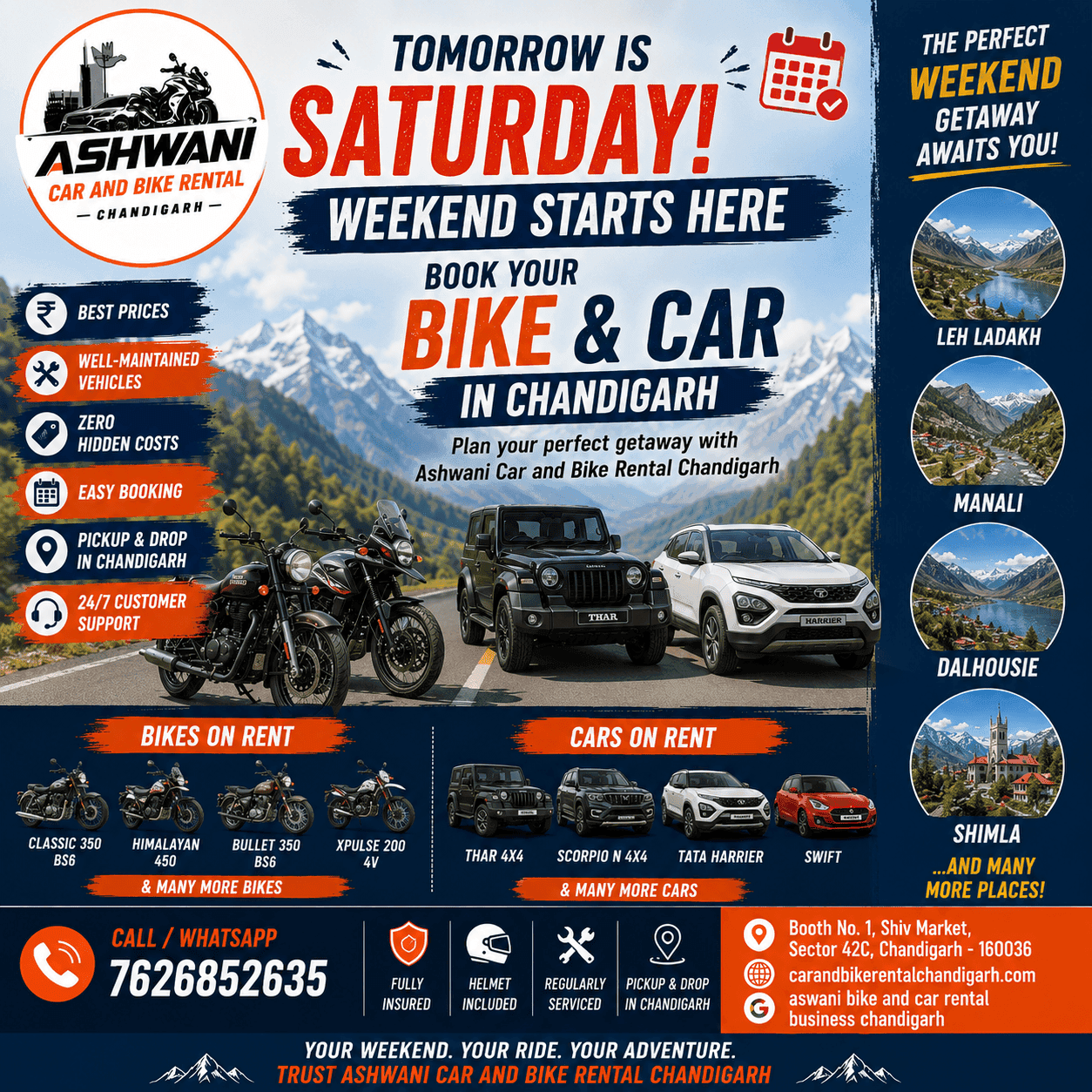 🏍️🚗 Weekend Special – Book Your Bike or Car in Chandigarh for an Amazing Road Trip