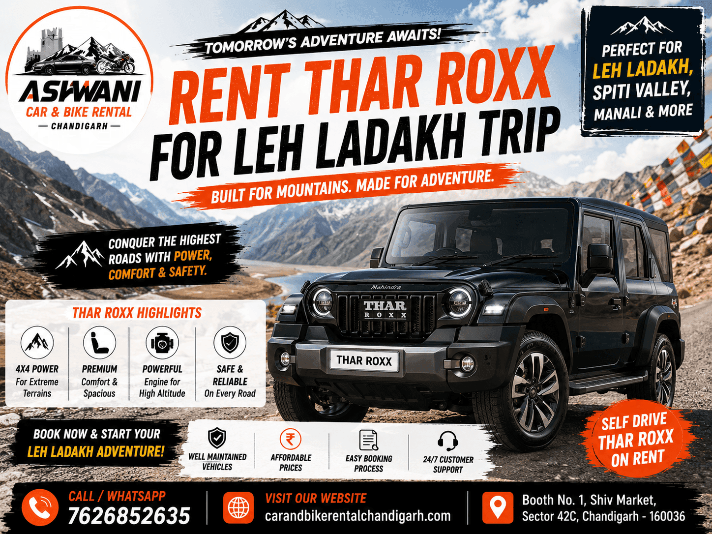 🚙 Rent Mahindra Thar ROXX in Chandigarh for an Unforgettable Leh Ladakh Road Trip