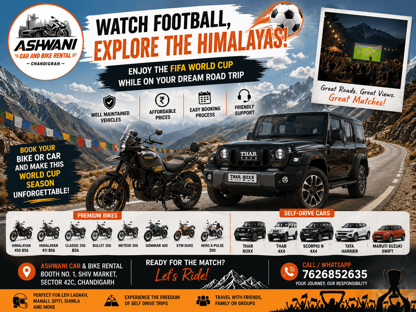 🌍⚽ Experience the FIFA World Cup Spirit in the Himalayas – Rent Your Bike or Car from Ashwani Car & Bike Rental Chandigarh
