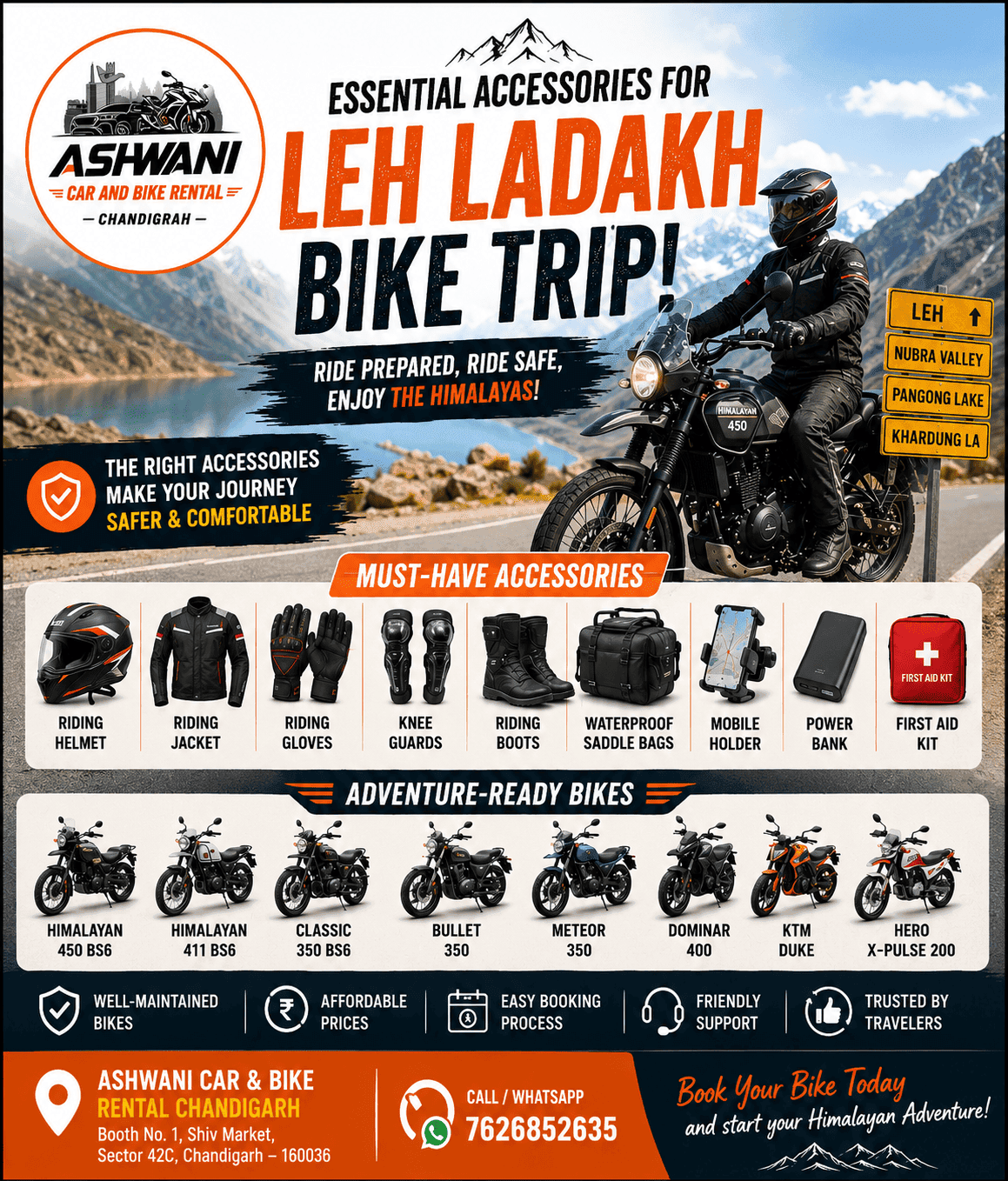 🏍️ Essential Accessories for a Leh Ladakh Bike Trip | Rent from Ashwani Car & Bike Rental Chandigarh